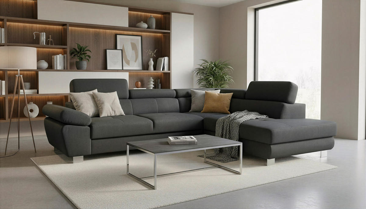 ECKSOFA Webstoff Schwarz  - Chromfarben/Schwarz, Modern, Textil/Metall (278/205cm) - Stylife