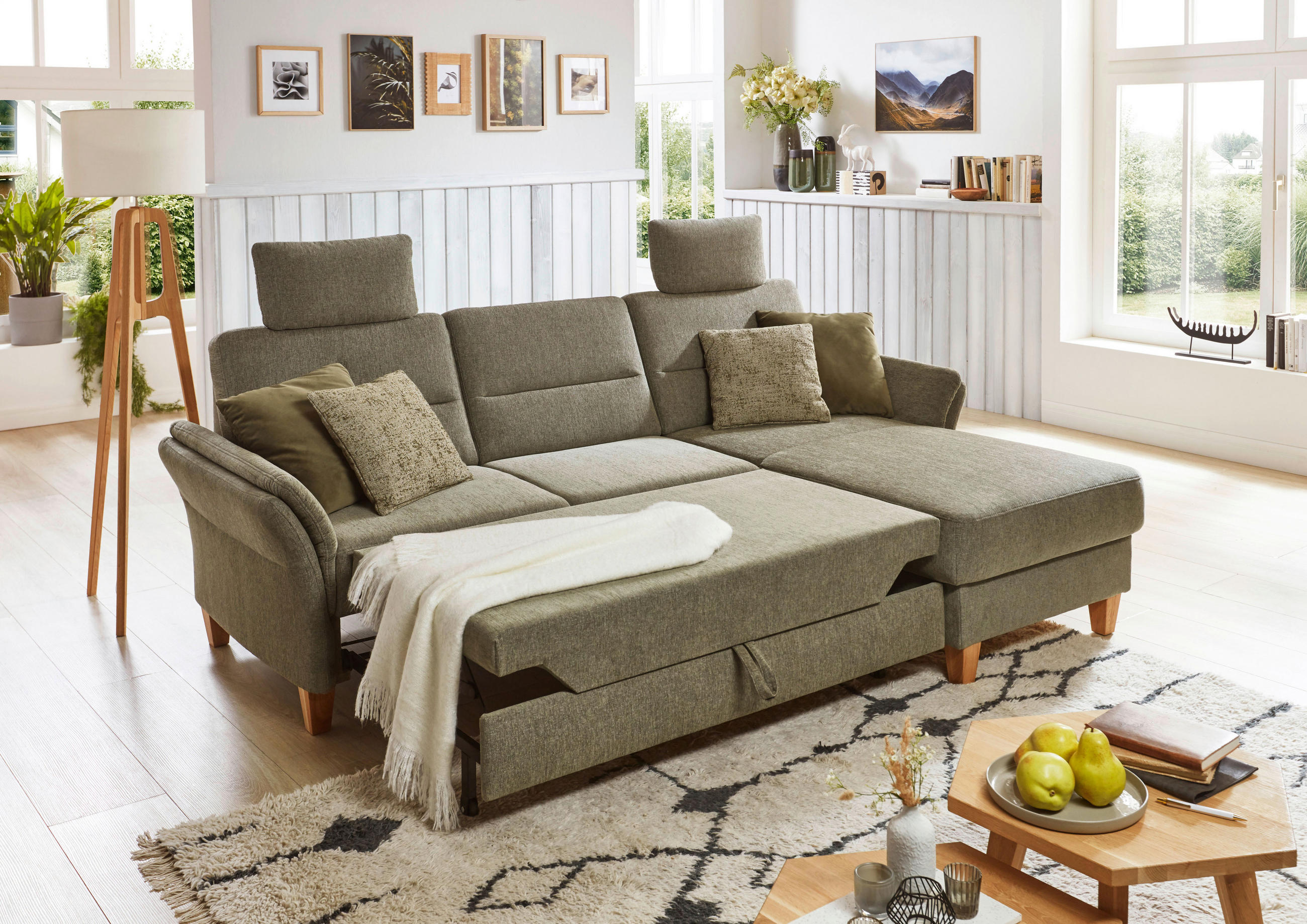 ECKSOFA in Flachgewebe Grün  - Eichefarben/Grün, Konventionell, Holz/Textil (252/162cm) - Sit & More
