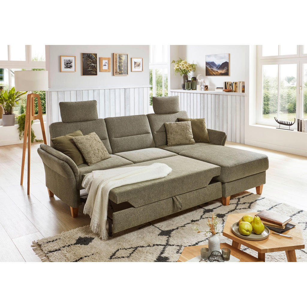 Thumbnail - Cantus Ecksofa, Grün, Textil, Buche, massiv, 3-Sitzer, L-Form, Ottomane rechts, 252x162 cm, Made in EU, Rücken echt, Woh...