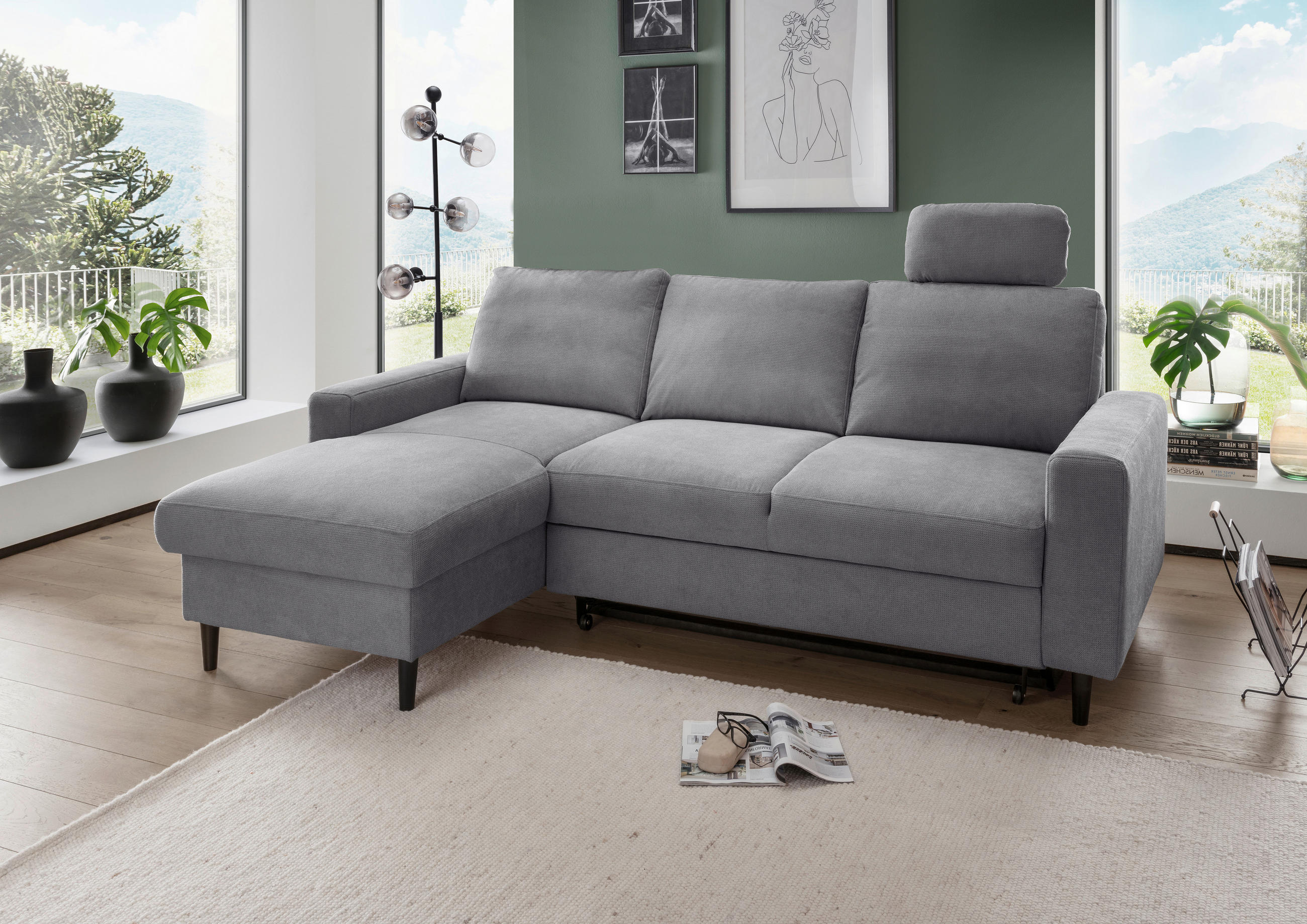 ECKSCHLAFSOFA Passione in Chenille Dunkelgrau  - Dunkelgrau/Schwarz, MODERN, Holz/Textil (147/234cm) - Livetastic