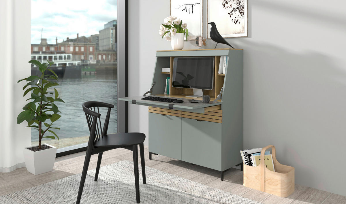 SEKRETÄR   - Schilfgrün/Eichefarben, MODERN, Holzwerkstoff/Metall (98/124/42cm) - Voleo