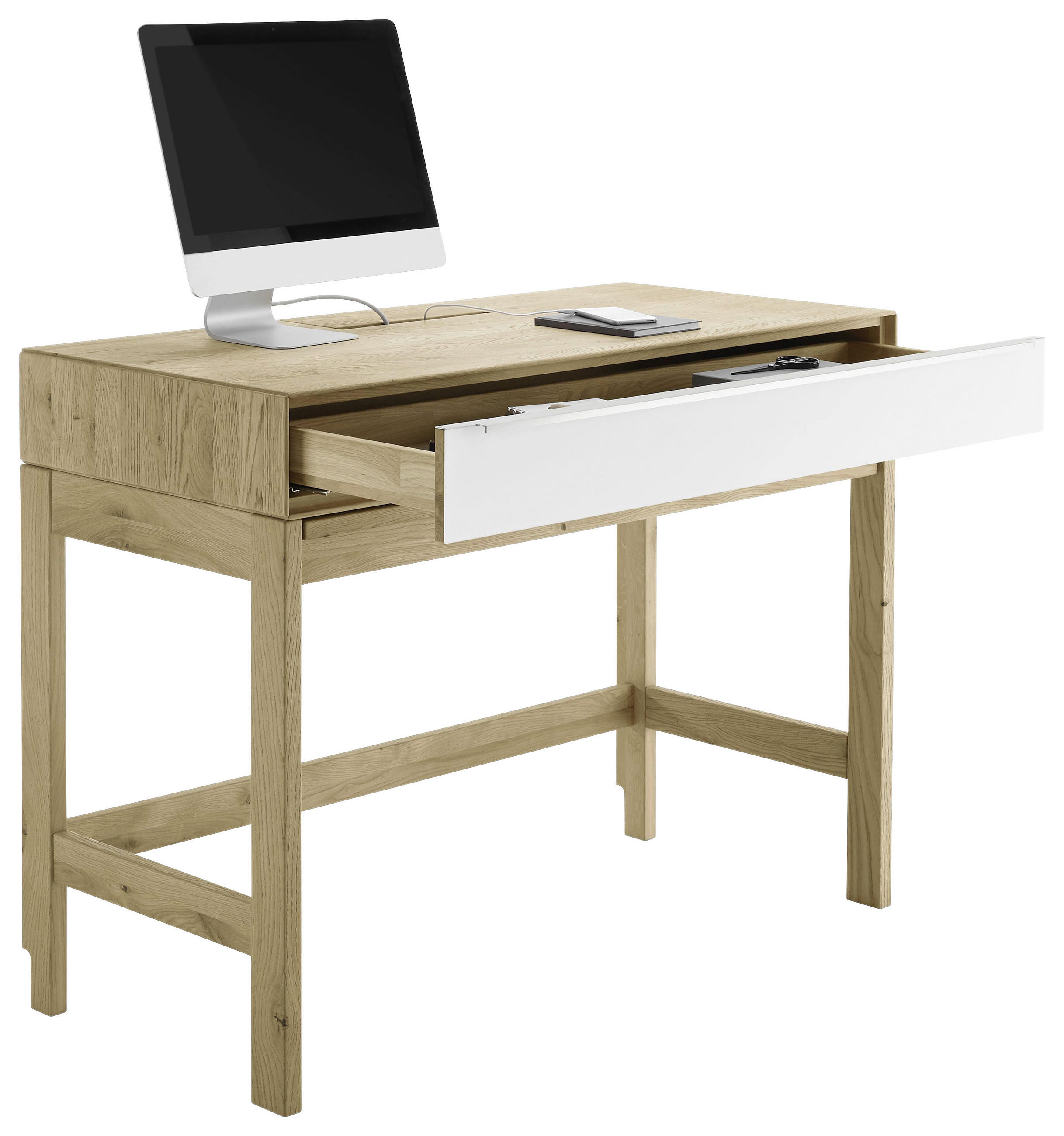 SCHREIBTISCH 122/58,3/93,4 cm  in Weiß, Eiche Bianco  - Eiche Bianco/Edelstahlfarben, Natur, Glas/Holz (122/58,3/93,4cm) - Valnatura