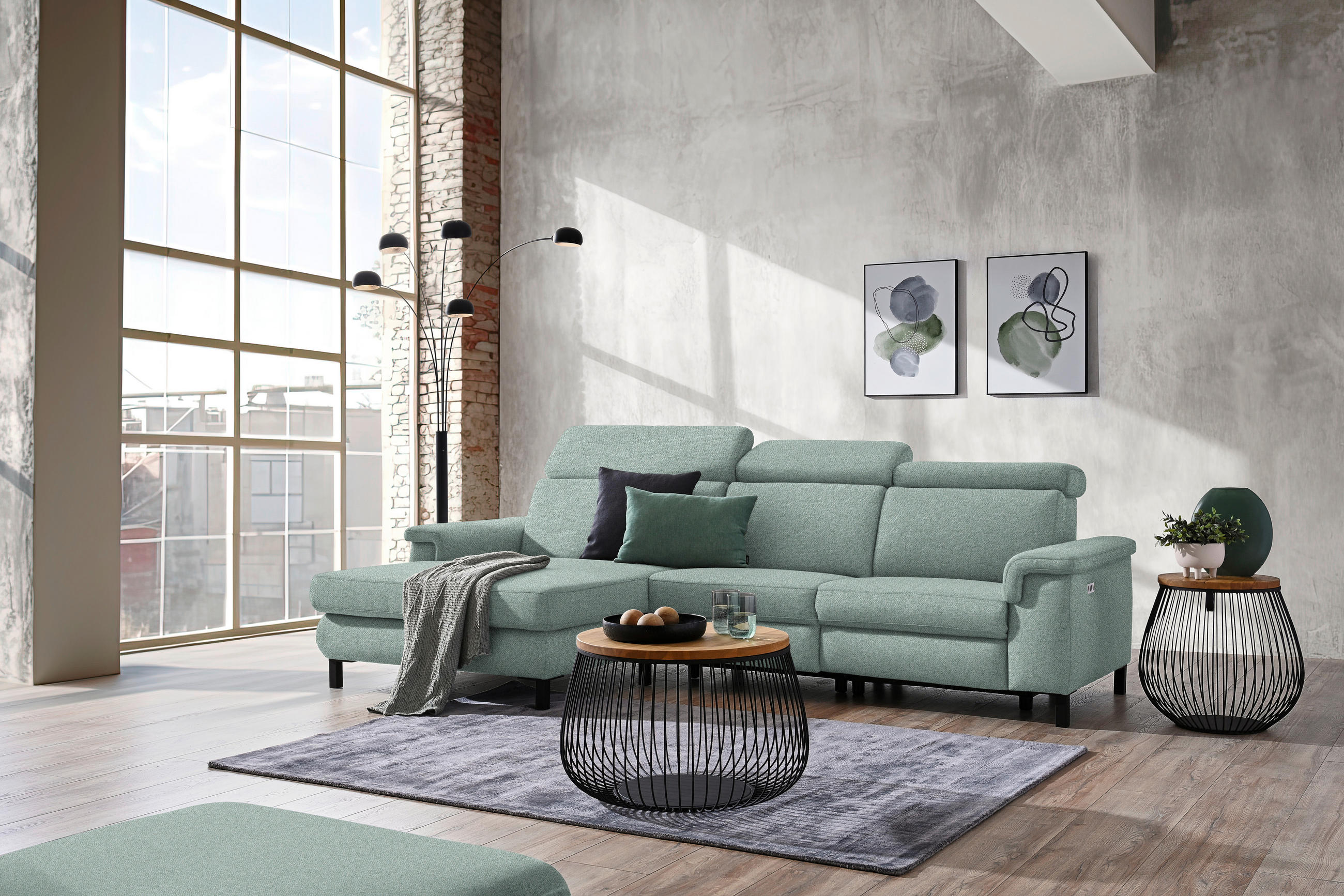 ECKSOFA in Flachgewebe Mintgrün  - Schwarz/Mintgrün, Konventionell, Textil/Metall (182/304cm) - Pure Home Comfort