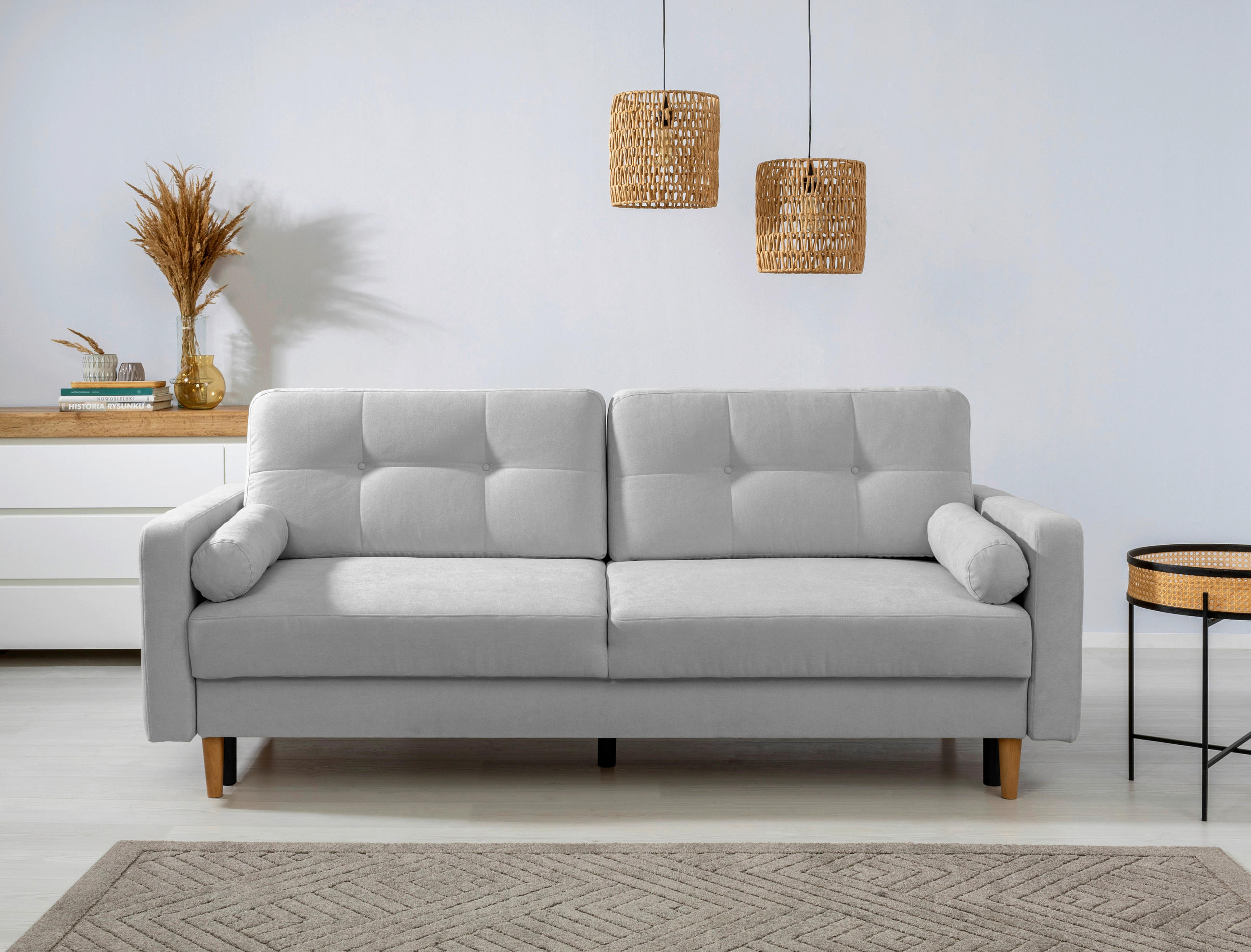 SCHLAFSOFA  mit Rücken echt Hellgrau  - Buchefarben/Hellgrau, Design, Holz/Textil (222/93/99cm) - MID.YOU