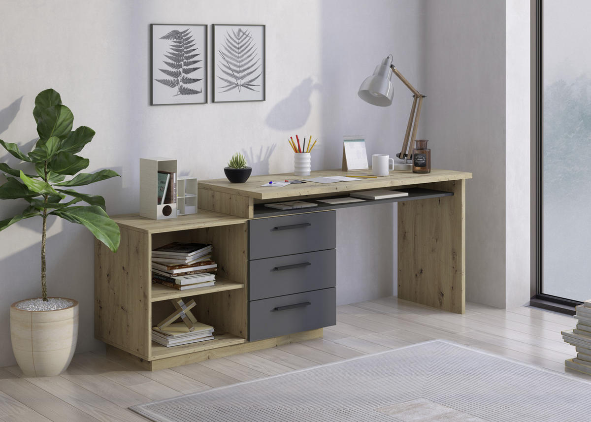 SCHREIBTISCHKOMBINATION Anthrazit, Eiche Artisan  - Anthrazit/Eiche Artisan, KONVENTIONELL, Holzwerkstoff (138/105/75cm) - Xora