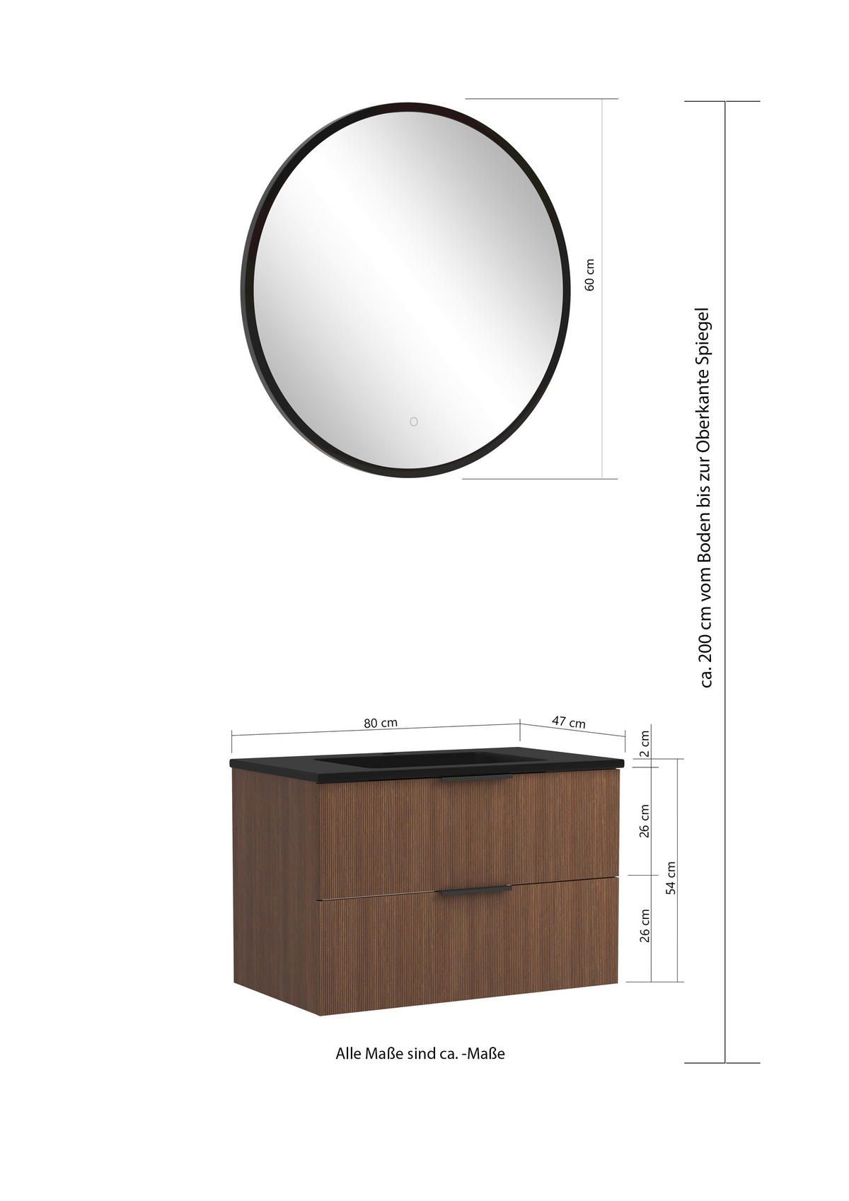 BADEZIMMER 3-teilig  in 80 cm  - Dunkelbraun/Schwarz, Natur, Holzwerkstoff/Stein (80cm) - Held