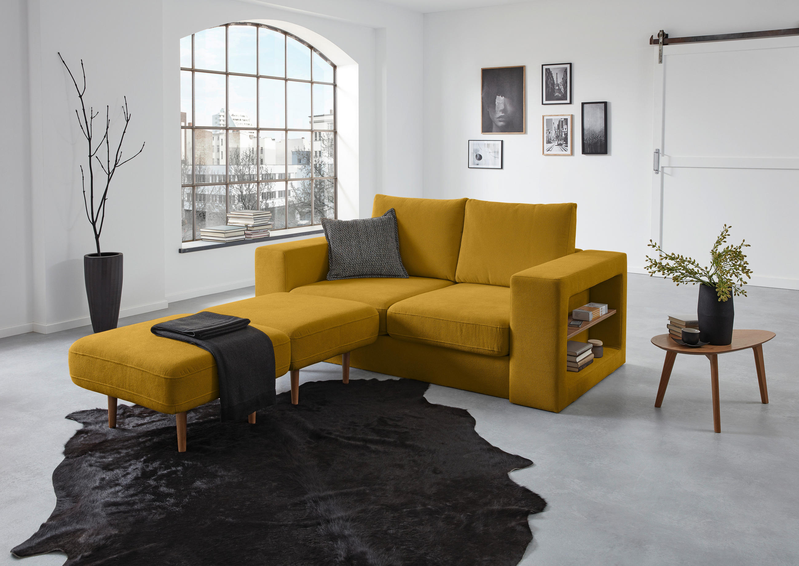 2,5-SITZER inkl. Hocker in Webstoff Gelb - Eichefarben/Gelb, Design, Holz/Textil (192/96/107cm) - LOOKS by W.Joop
