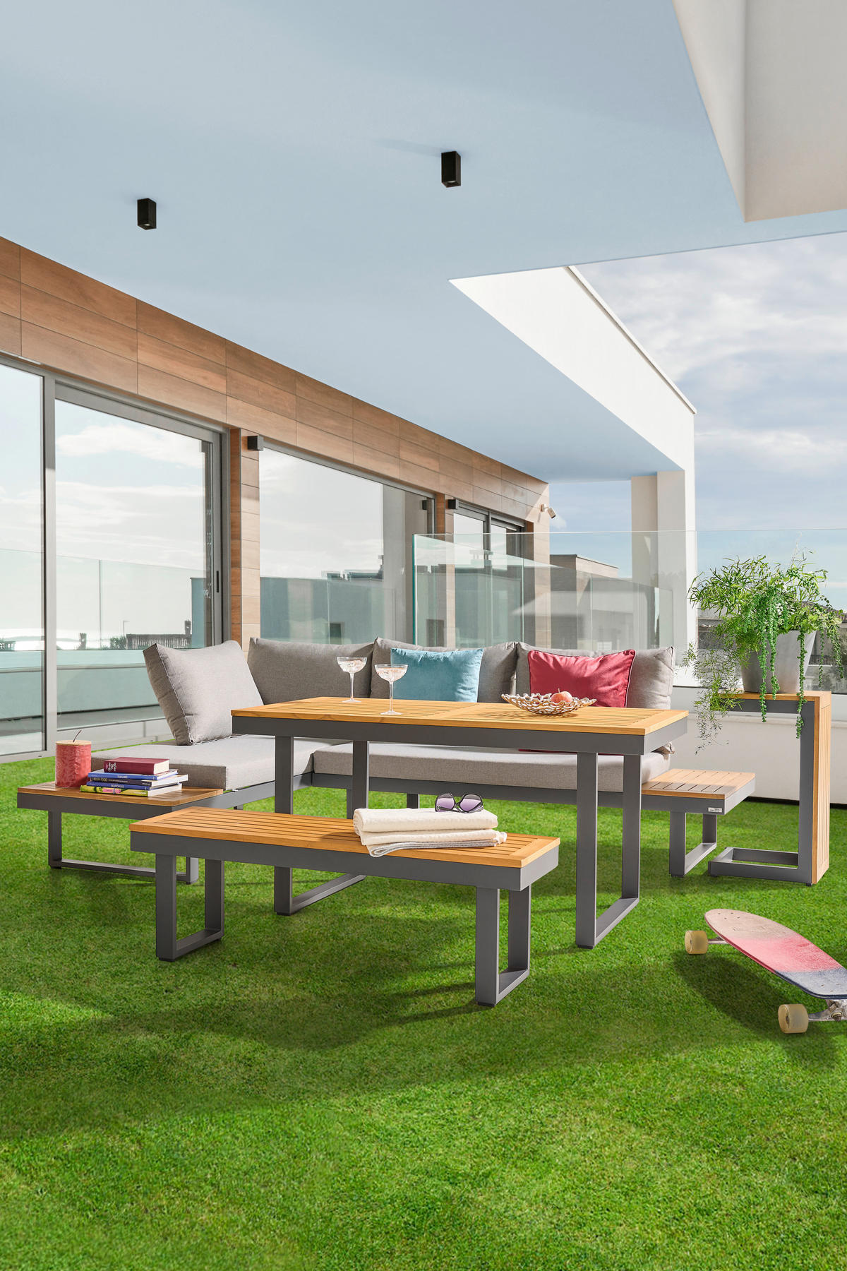 LOUNGEGARNITUR   Akazie massiv Aluminium  - Anthrazit/Hellgrau, Design, Holz/Textil - Amatio