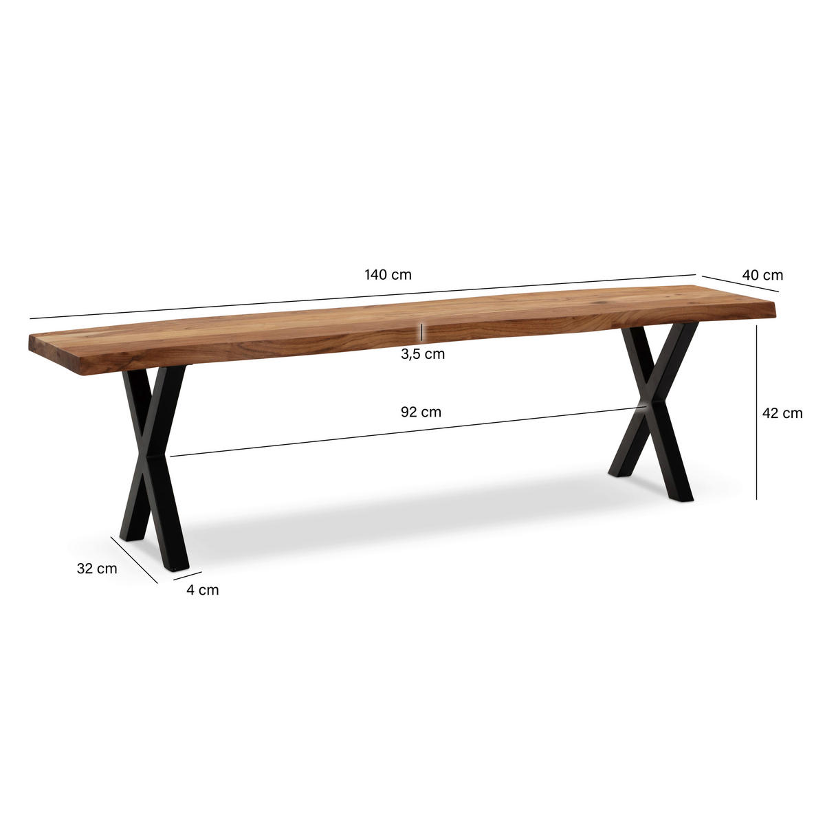SITZBANK in Holz Akaziefarben  - Schwarz/Akaziefarben, Modern, Holz/Metall (140/45,5/40cm) - MID.YOU