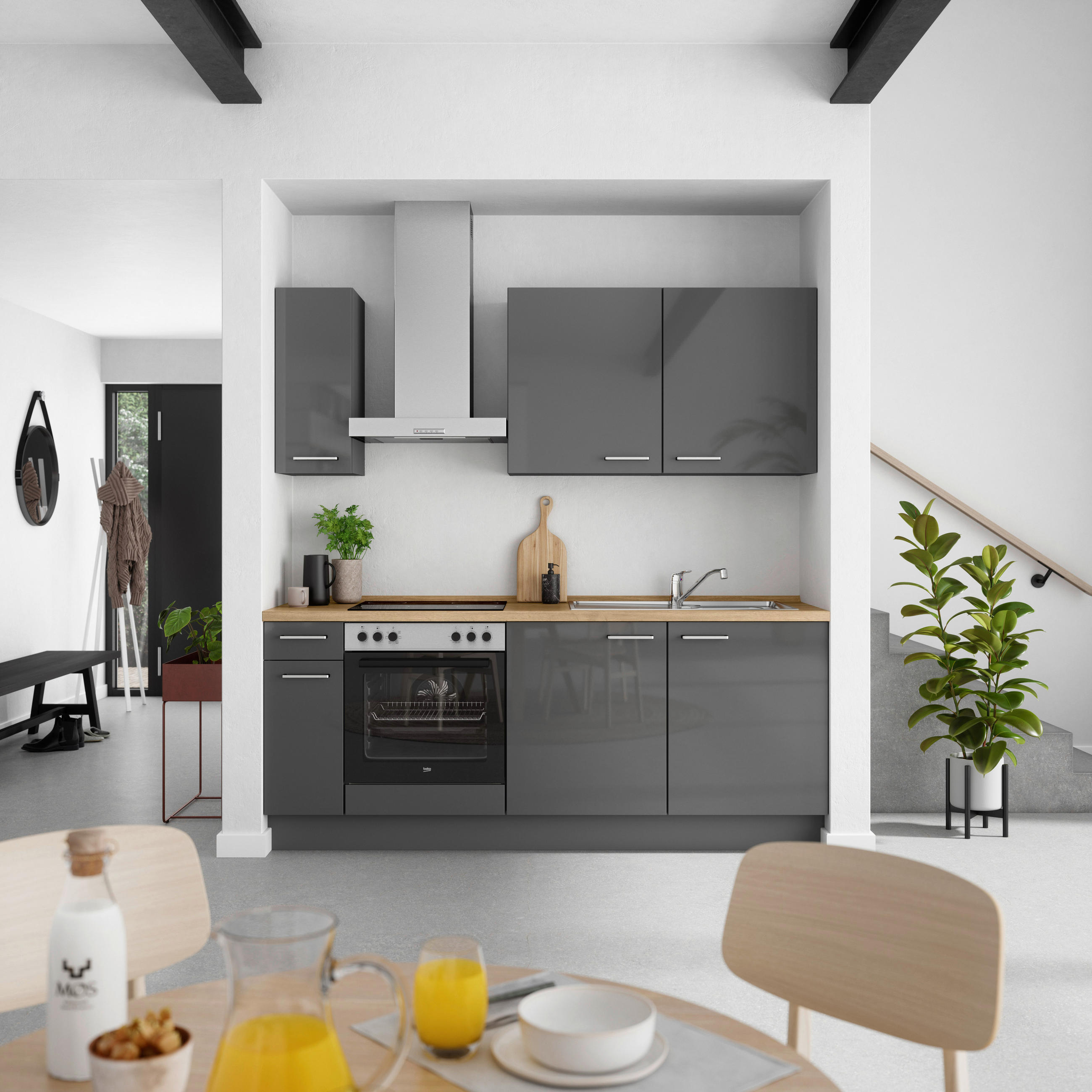 KÜCHENBLOCK Flash 210 cm  in Eichefarben, Schieferfarben  - Schieferfarben/Edelstahlfarben, MODERN, Holzwerkstoff/Metall (210cm) - Nobilia