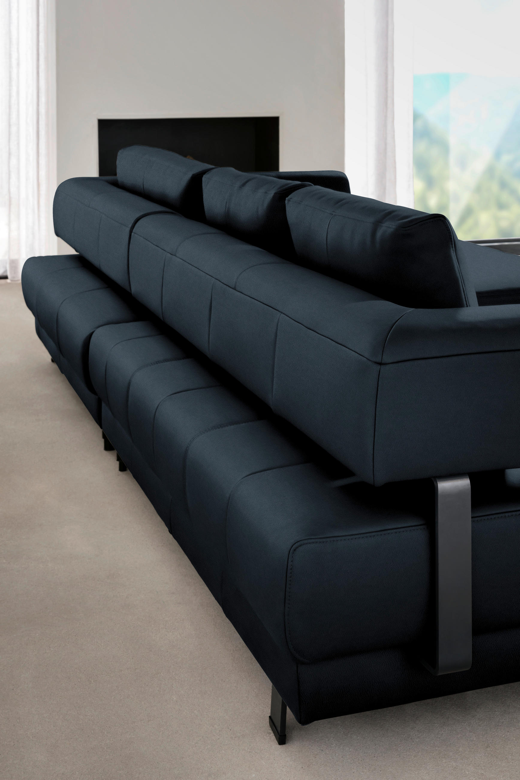 Thumbnail - Stylife Ecksofa, Dunkelblau, Leder, Echtleder, Dickleder, 3-Sitzer, Füllung: Polyurethan (Pur), Ottomane rechts, L-Form,...