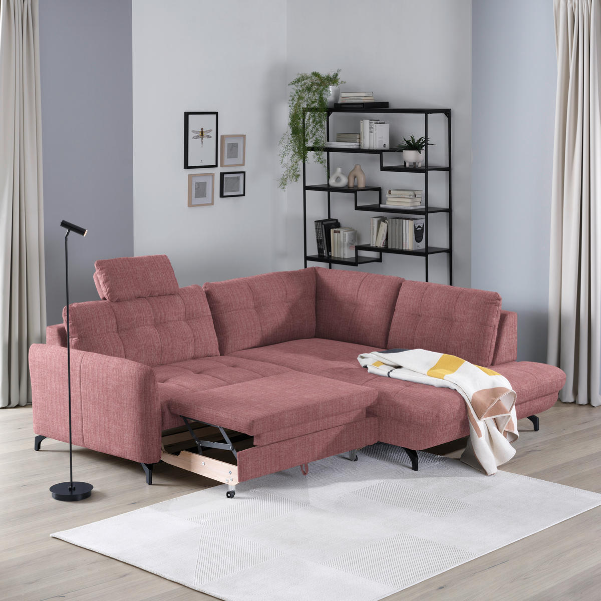 ECKSOFA in Flachgewebe, Leinenoptik Rosa  - Schwarz/Rosa, Modern, Textil/Metall (247/208cm) - Xora