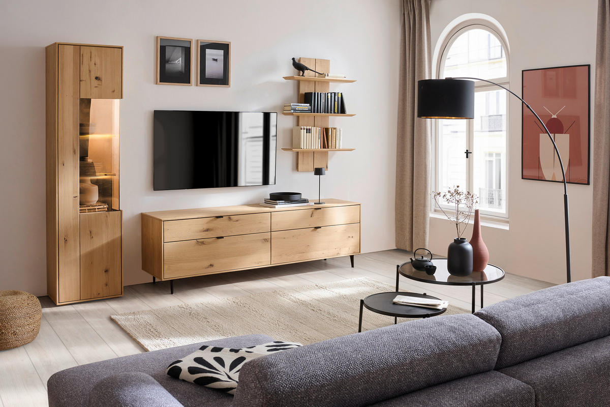 WOHNWAND  in Eichefarben 267/205/50 cm  - Eichefarben/Schwarz, Natur, Glas/Holz (267/205/50cm) - Cantus