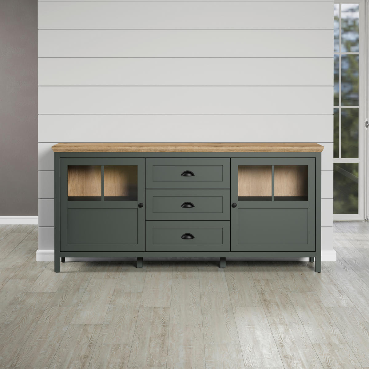 SIDEBOARD STANTON 185/86/45 cm 3 Schublade(n)  - Waldgrün/Schwarz, Design, Glas/Holzwerkstoff (185/86/45cm) - MID.YOU