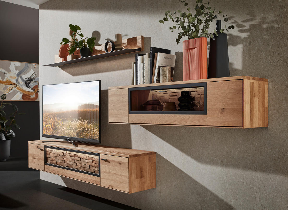 WOHNWAND  in Wildeiche 331,5/131,5/37,1 cm  - Wildeiche/Graphitfarben, Natur, Glas/Holz (331,5/131,5/37,1cm) - Valnatura