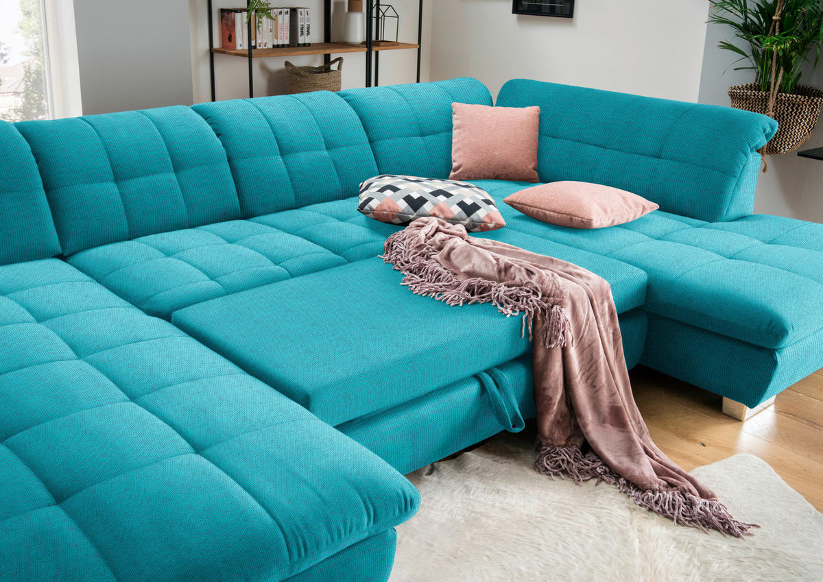 WOHNLANDSCHAFT in Mikrofaser Türkis  - Türkis/Chromfarben, Design, Kunststoff/Textil (204/350/211cm) - Xora