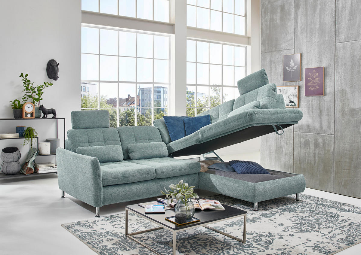 ECKSOFA Blau Webstoff  - Chromfarben/Blau, Design, Textil/Metall (242/210cm) - Beldomo Style
