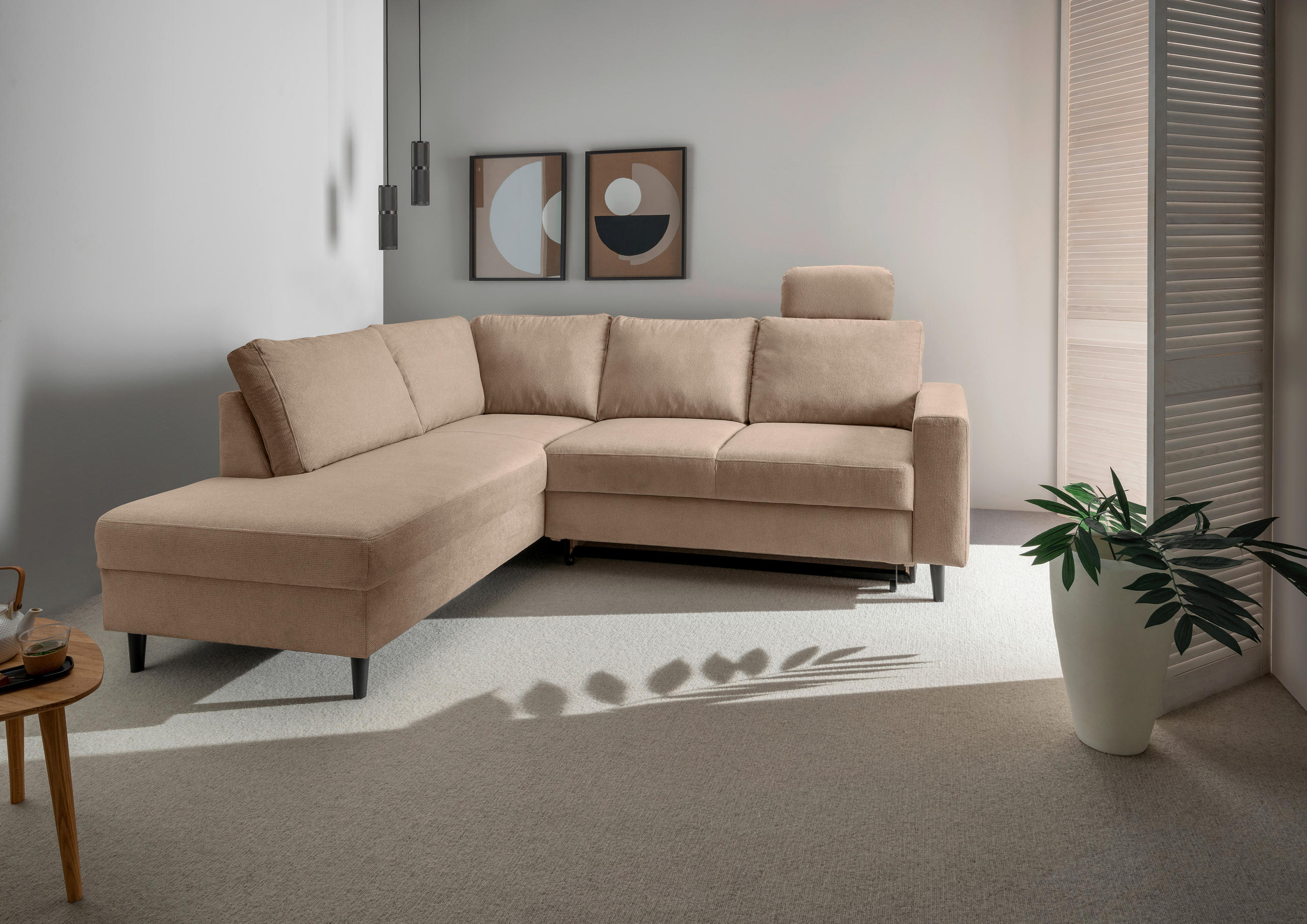 ECKSCHLAFSOFA Passione in Chenille Hellbraun  - Hellbraun/Schwarz, MODERN, Holz/Textil (200/242cm) - Livetastic