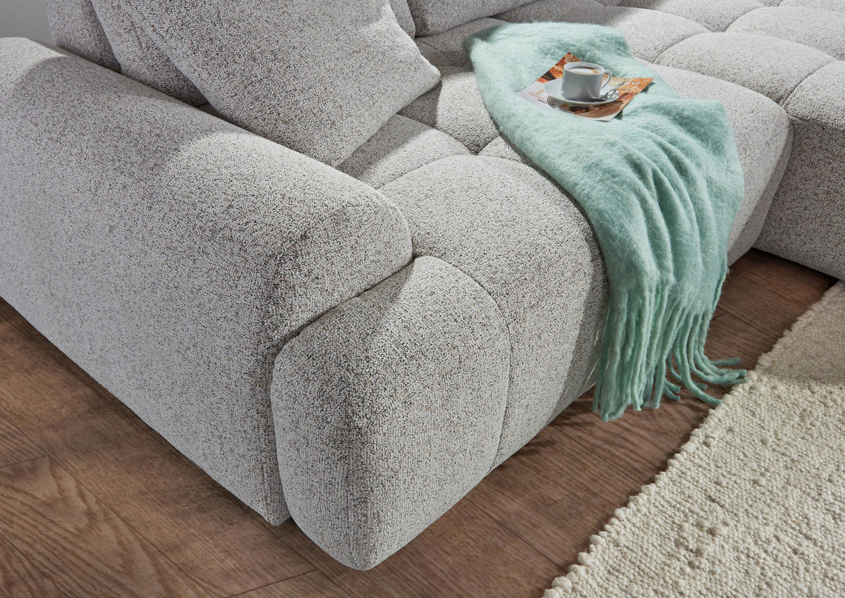 Ecksofa mit Funktion Greige Flachgewebe Zierkissen, Rückenkissen, Bettkasten, Schlaffunktion, Rücken echt, Liegefläche im Originalstoff  - Greige/Schwarz, KONVENTIONELL, Kunststoff/Textil (277/190cm) - Carryhome