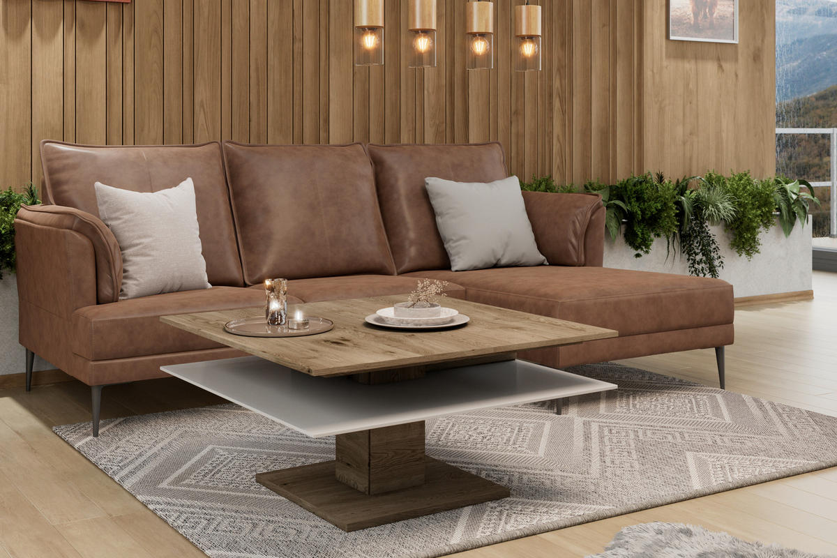 COUCHTISCH in Holz, Glas 90/90/46 cm  - Weiss/Eichefarben, Design, Glas/Holz (90/90/46cm) - Voglauer