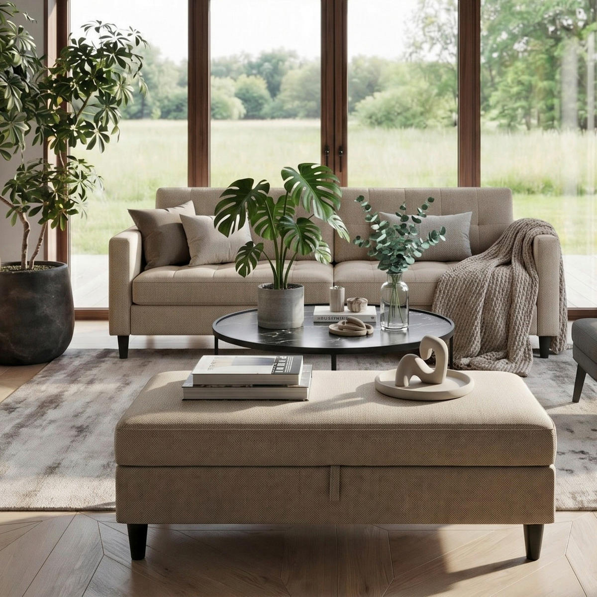 HOCKER in Textil Cappuccino  - Schwarz/Cappuccino, Basics, Kunststoff/Textil (130/43/69cm) - Livetastic