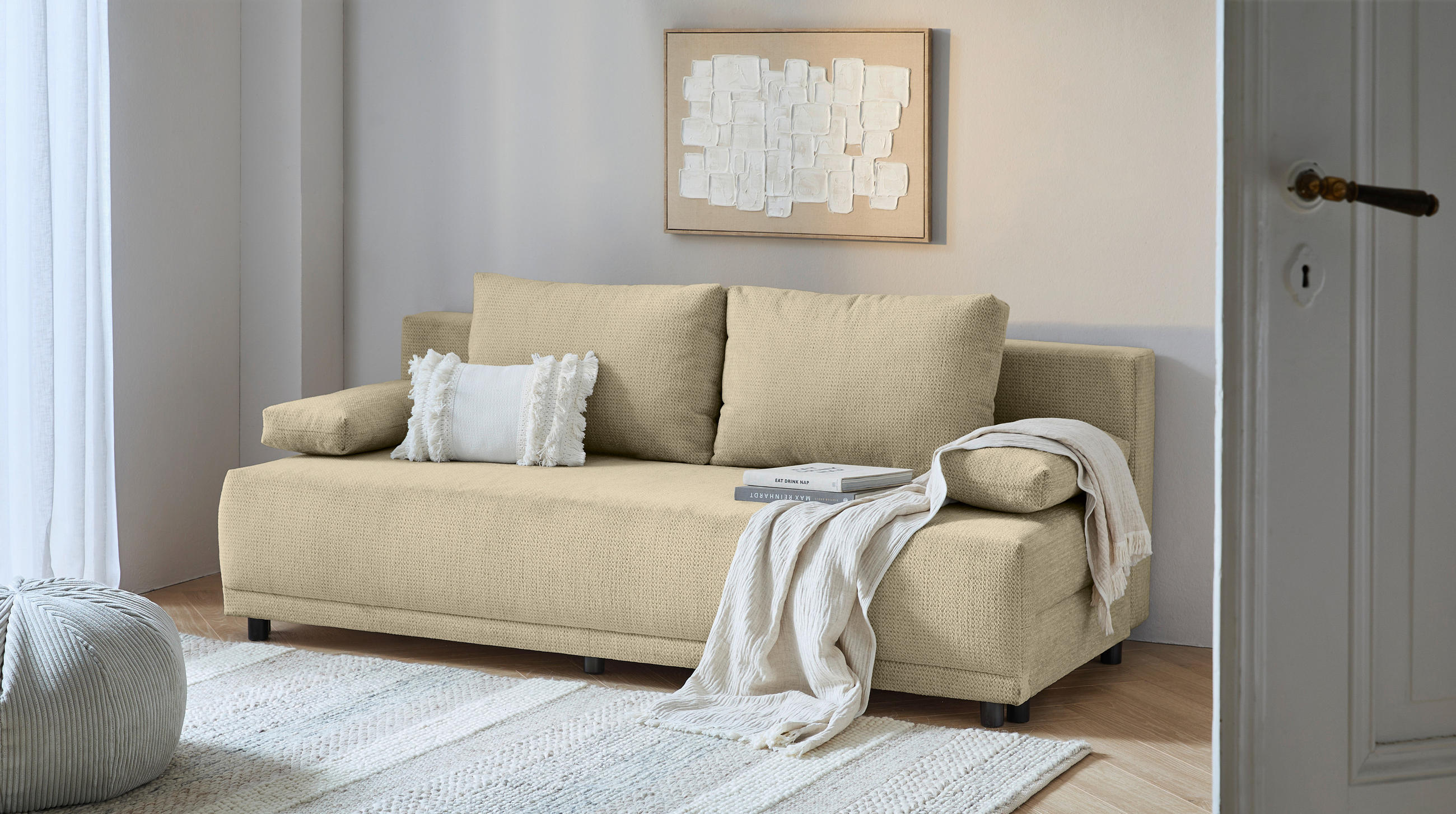 SCHLAFSOFA Chenille Beige  - Beige/Schwarz, KONVENTIONELL, Kunststoff/Textil (201/72/98cm) - Carryhome