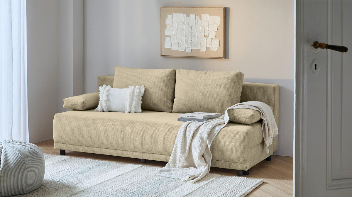 SCHLAFSOFA  mit Stoffauswahl, Liegefunktion, Schlafen auf Sitzhöhe, Rücken echt Chenille Beige  - Beige/Schwarz, KONVENTIONELL, Kunststoff/Textil (201/72/98cm) - Carryhome
