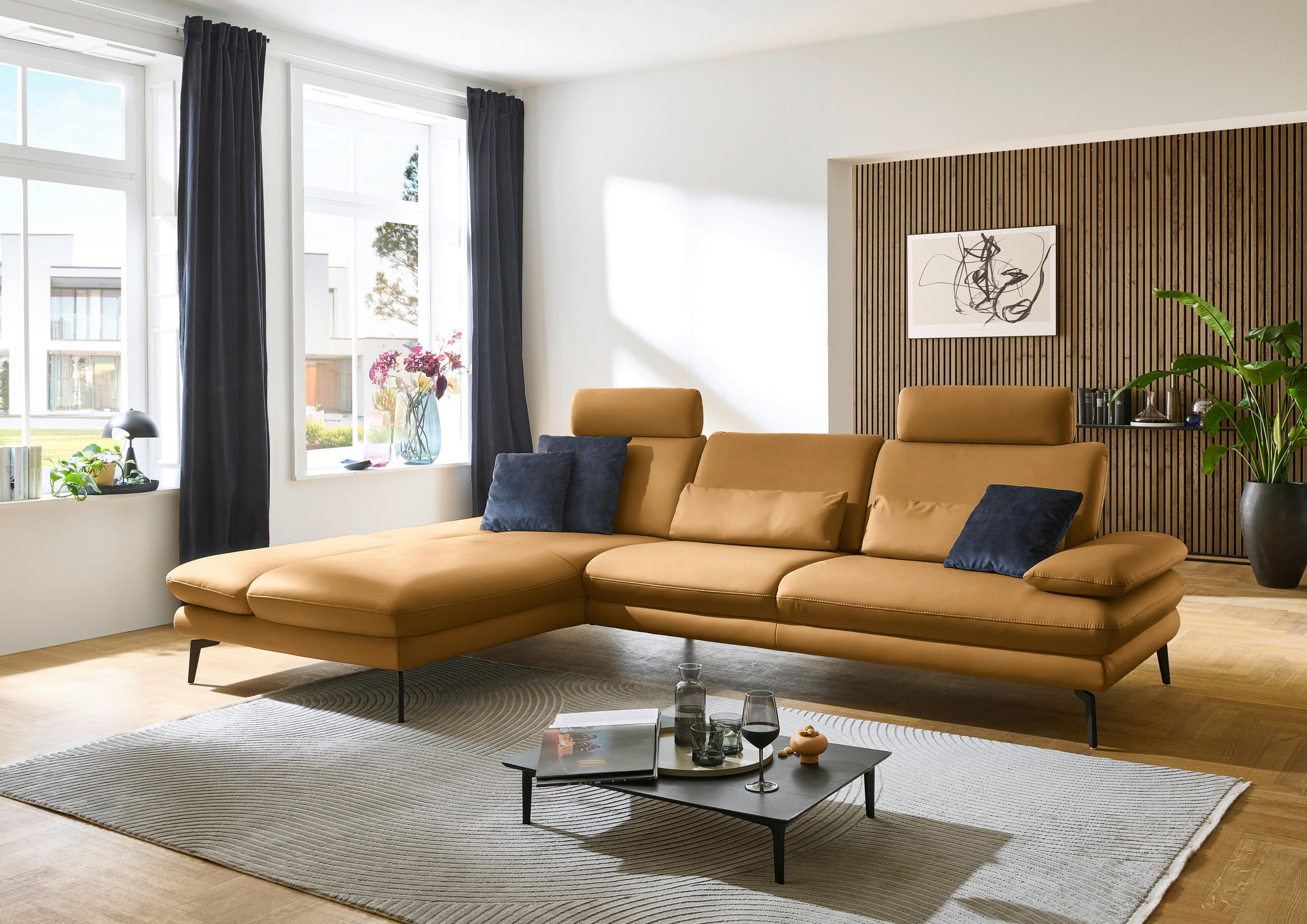 ECKSOFA in Echtleder Currygelb  - Currygelb/Schwarz, Design, Leder/Metall (195/308cm) - Dieter Knoll