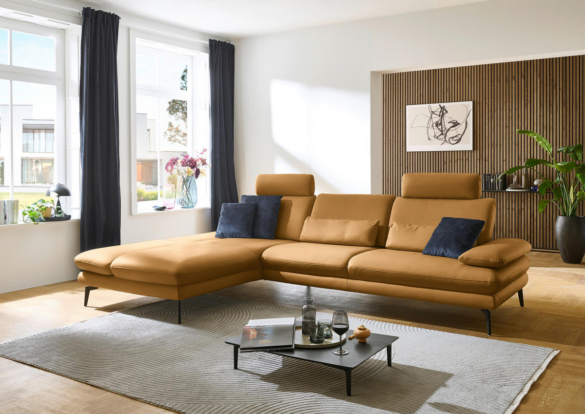 ECKSOFA in Echtleder Currygelb  - Currygelb/Schwarz, Design, Leder/Metall (195/308cm) - Dieter Knoll