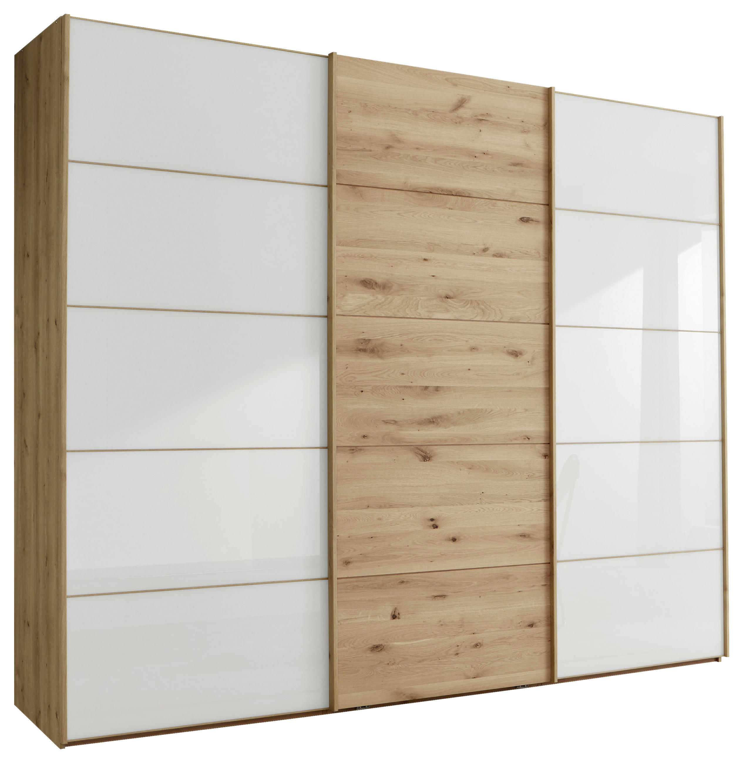 SCHWEBETÜRENSCHRANK in Weiss, Eiche Bianco  - Eiche Bianco/Weiss, Natur, Glas/Holz (250/236/67cm) - Linea Natura