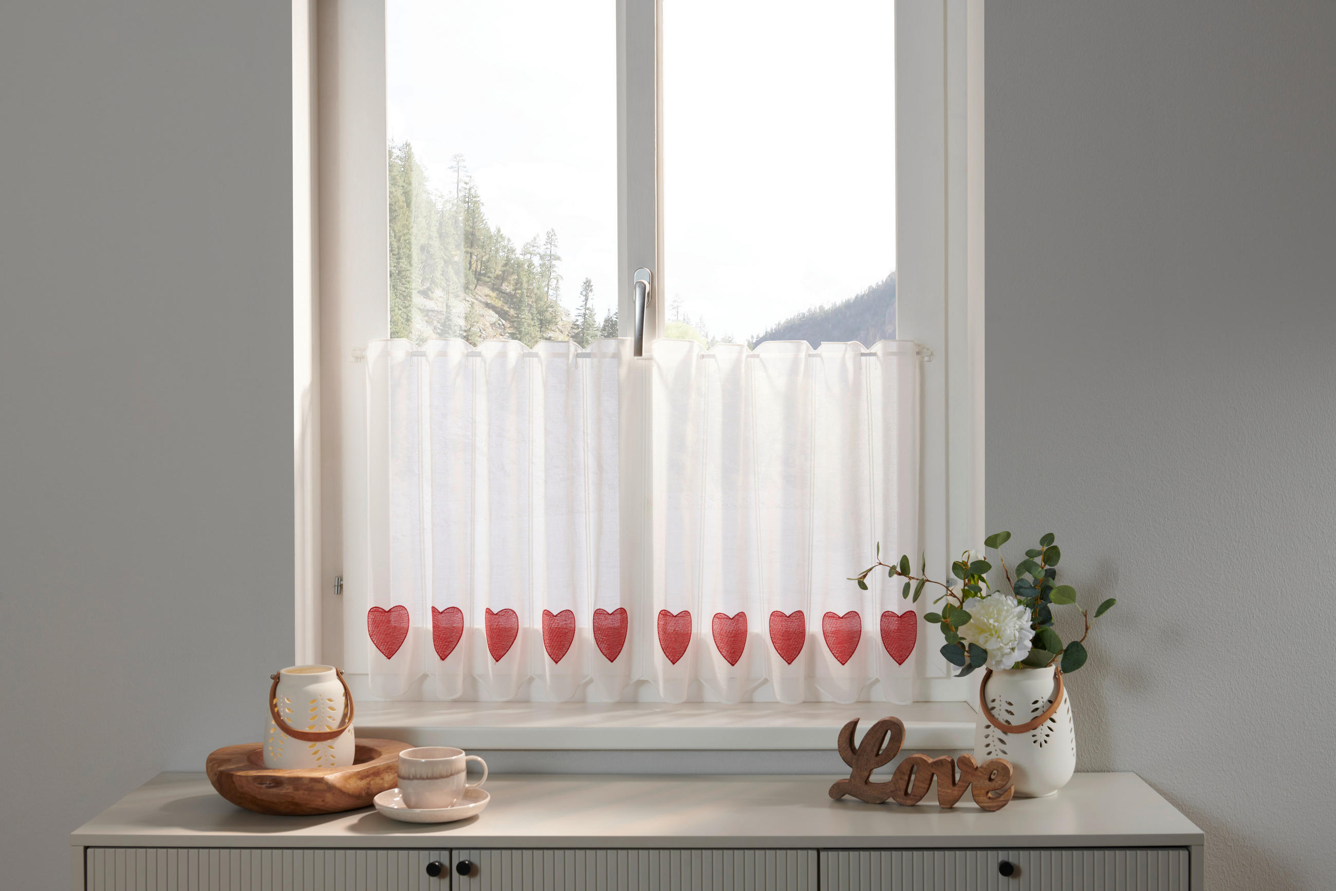 KRÁTKA ZÁCLONA, polopriehľadné, 50 cm - biela/červená, Konventionell, textil (50cm) - Esposa