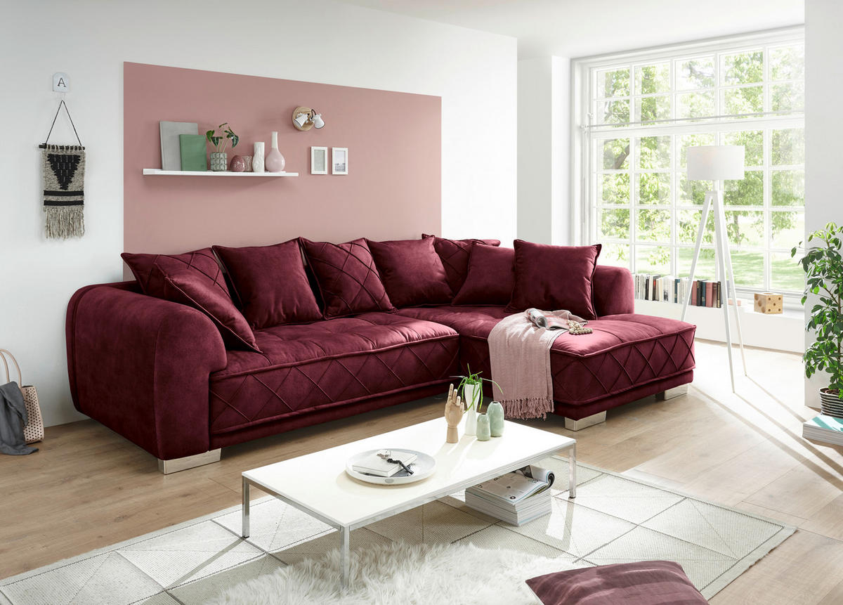 ECKSOFA in Mikrovelours Bordeaux  - Bordeaux/Silberfarben, Basics, Kunststoff/Textil (319/194cm) - MID.YOU