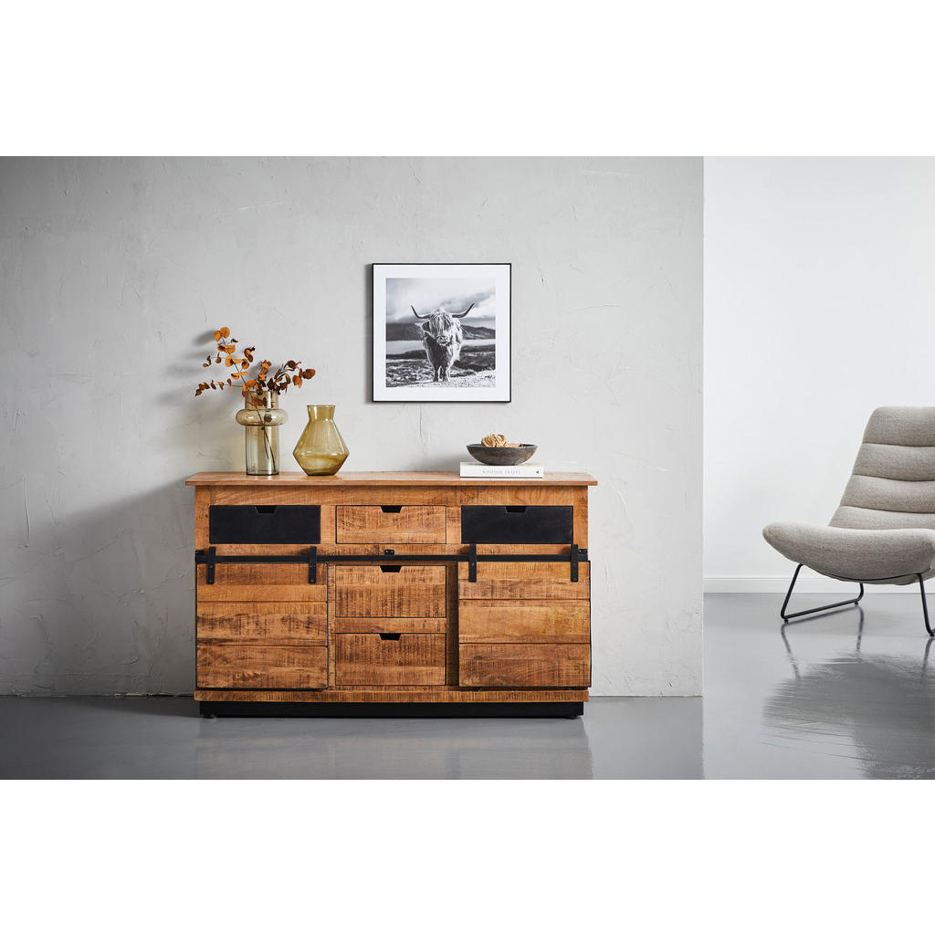 Thumbnail - Livetastic Sideboard Lusaka, Braun, Schwarz, Holz, Metall, Mangoholz, massiv, Holz, 2 Fächer, 3 Schubladen, 140x80x40 cm...