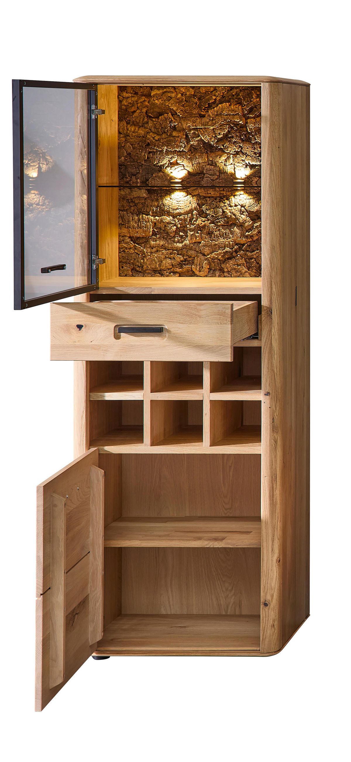 VITRINE in furniert, massiv, Sperrholz Wildeiche, Kork Schwarz, Wildeiche  - Wildeiche/Schwarz, Basics, Glas/Holz (60/169/39cm) - Livetastic