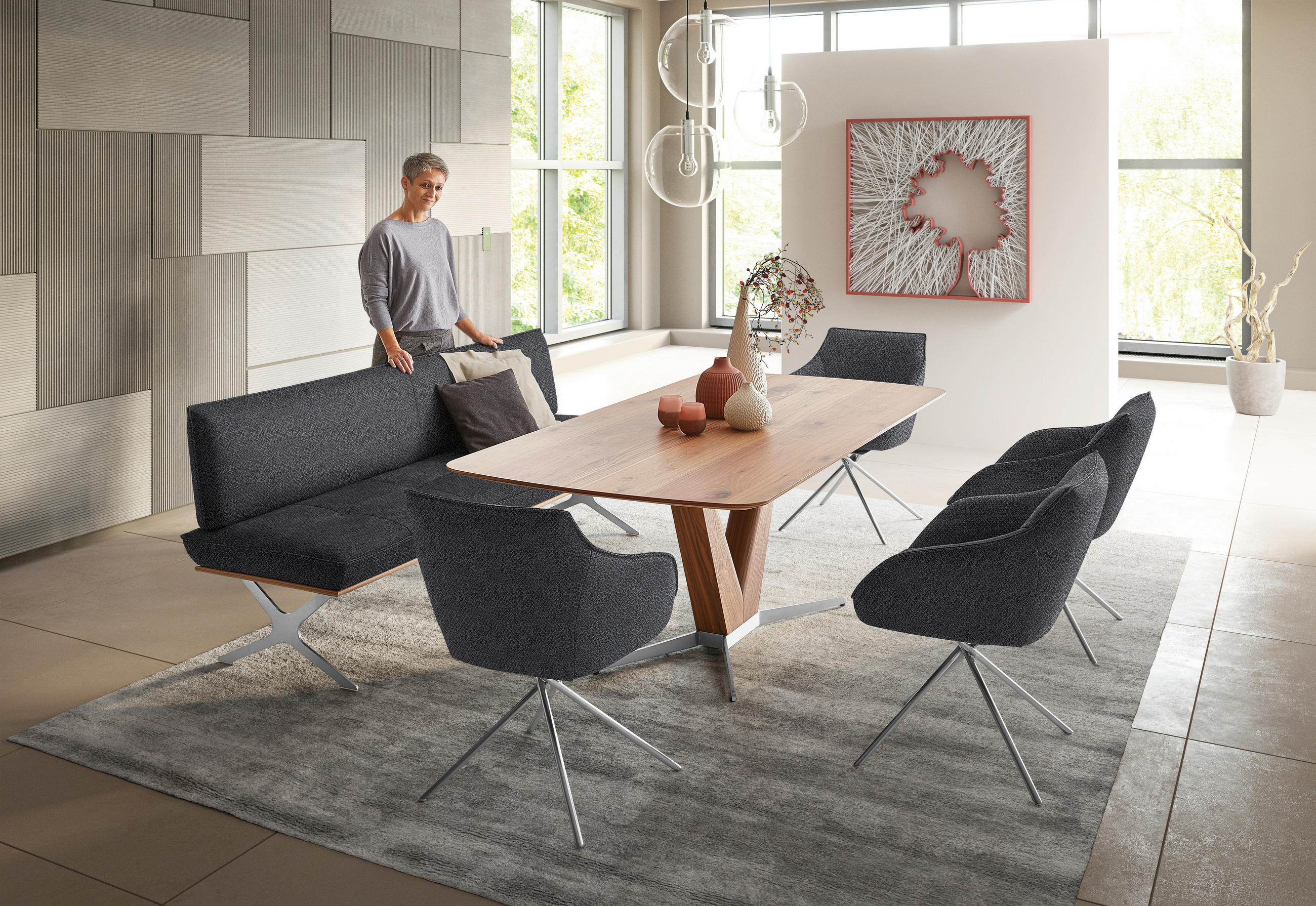 SITZBANK in Holz, Textil Grau, Nussbaumfarben, Nickelfarben  - Edelstahlfarben/Nussbaumfarben, Design, Holz/Textil (194/88/66cm) - Koinor