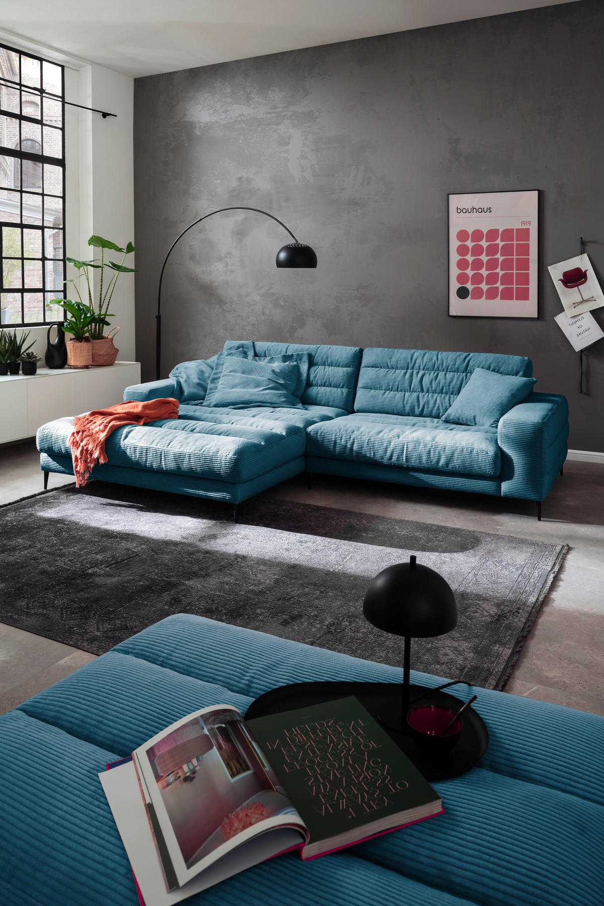 ECKSOFA in Cord Petrol  - Petrol/Schwarz, Design, Textil/Metall (207/296cm) - Dieter Knoll