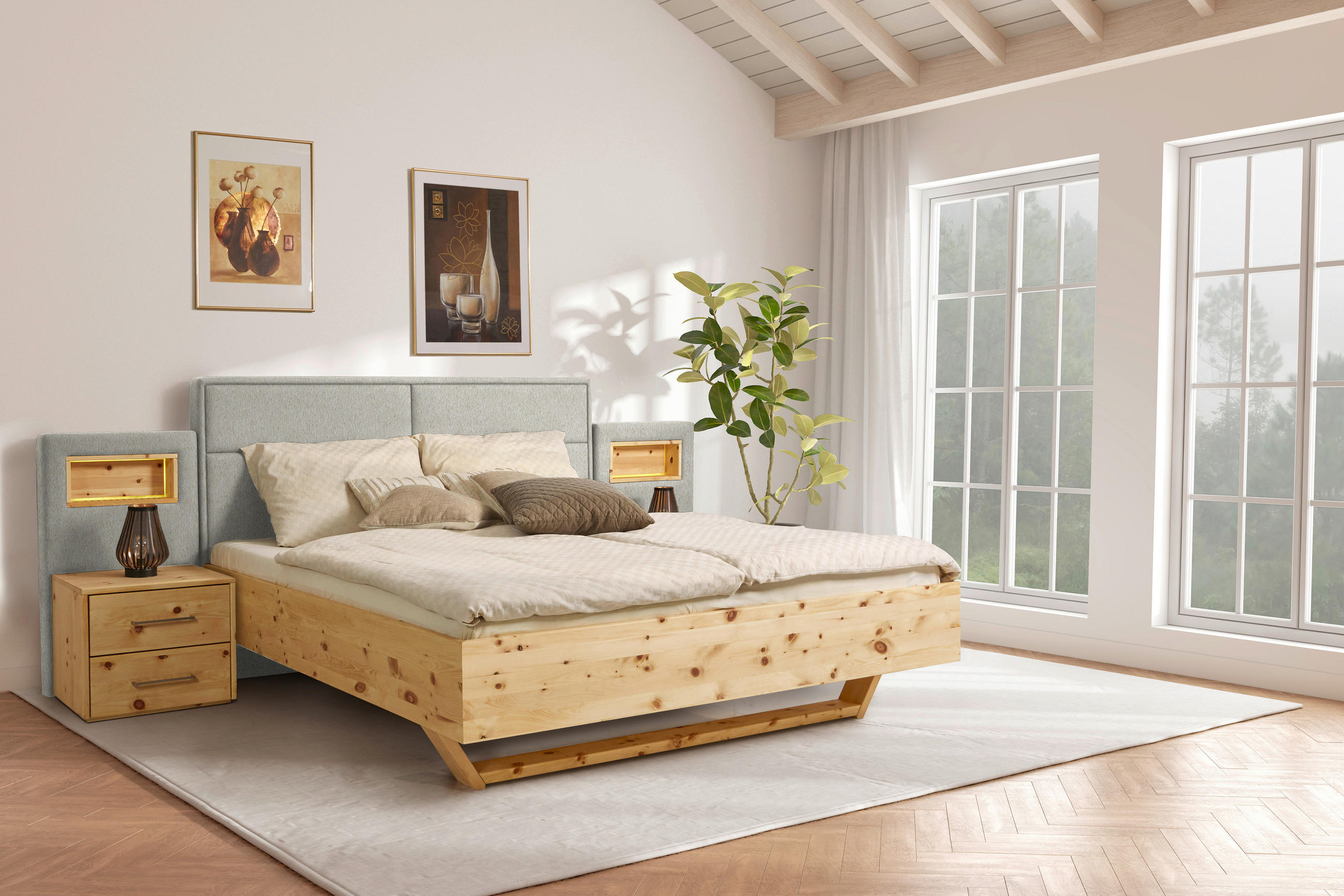 BETT 200/200 cm  in Naturfarben, Zirbelkieferfarben   - Zirbelkieferfarben/Naturfarben, Natur, Holz/Textil (200/200cm) - Valnatura