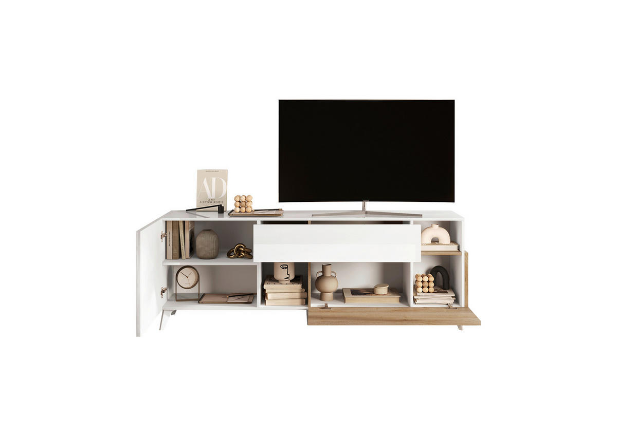 KOMODA POD TELEVIZI, barvy dubu, vysoce lesklá bílá, 181/67/42 cm - bílá/barvy dubu, Moderní, kompozitní dřevo/plast (181/67/42cm) - Carryhome