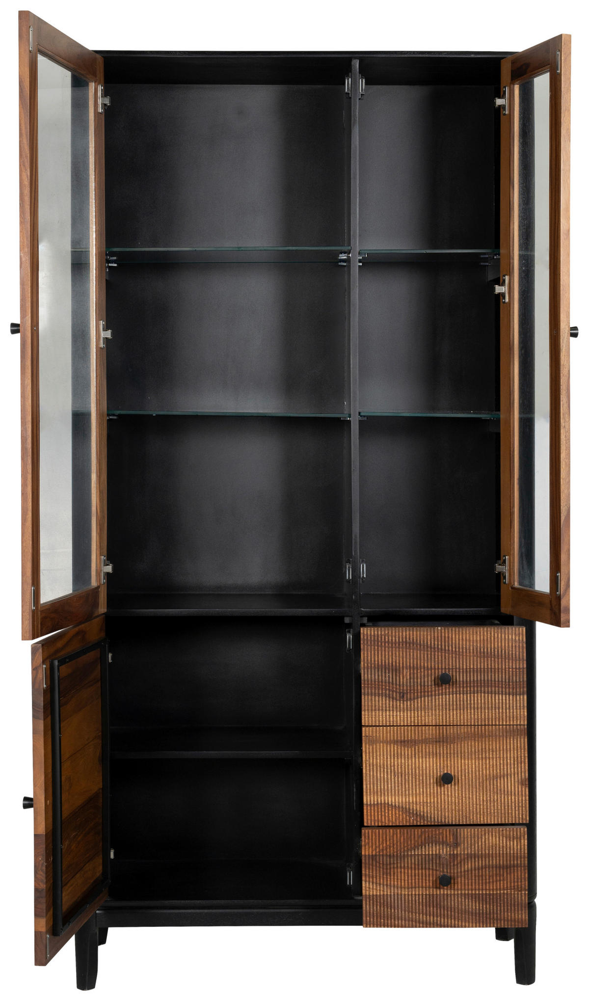 VITRINE  in massiv Mangoholz, Sheesham Braun, Naturfarben, Schwarz - Schwarz/Braun, Design, Glas/Holz (100/200/40cm) - Ambia Home