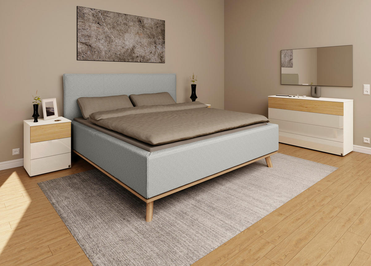 POLSTERBETT 160/200 cm,  in Hellgrau, Matratze, Lattenrost, Bettkasten, H2 + H3 = mittel + fest  - Eichefarben/Hellgrau, Design, Holz/Textil (160/200cm) - Musterring