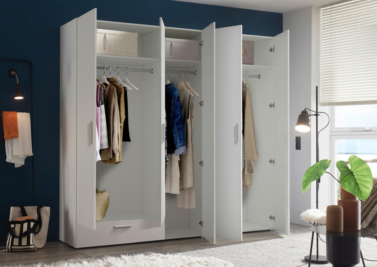OMARA ZA OBLAČILA, bela  - bela/barve aluminija, Moderno, umetna masa/leseni material (225/210/52,5cm) - Xora