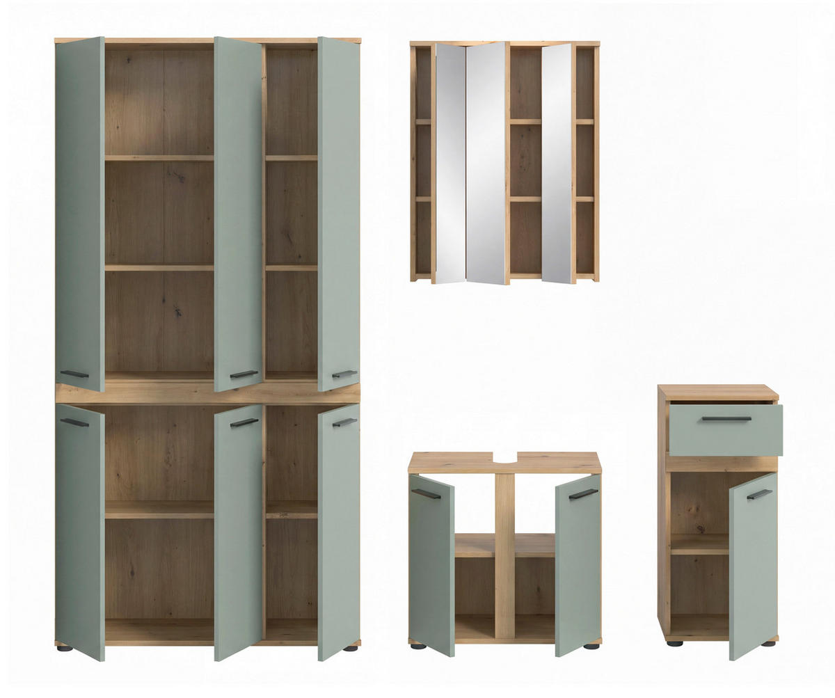 BADEZIMMER 4-teilig  in 215 cm  - Salbeigrün/Schwarz, Trend, Glas/Holzwerkstoff (215cm) - MID.YOU