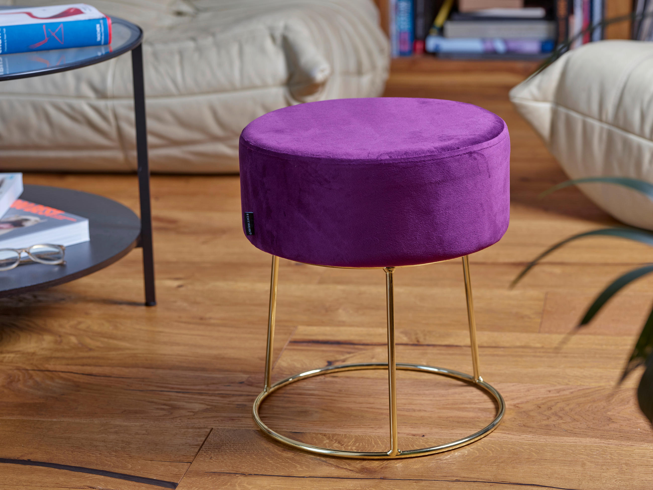 HOCKER in Textil Beere  - Beere/Goldfarben, Design, Textil/Metall (35,5/40,5/35,5cm) - Echtwerk
