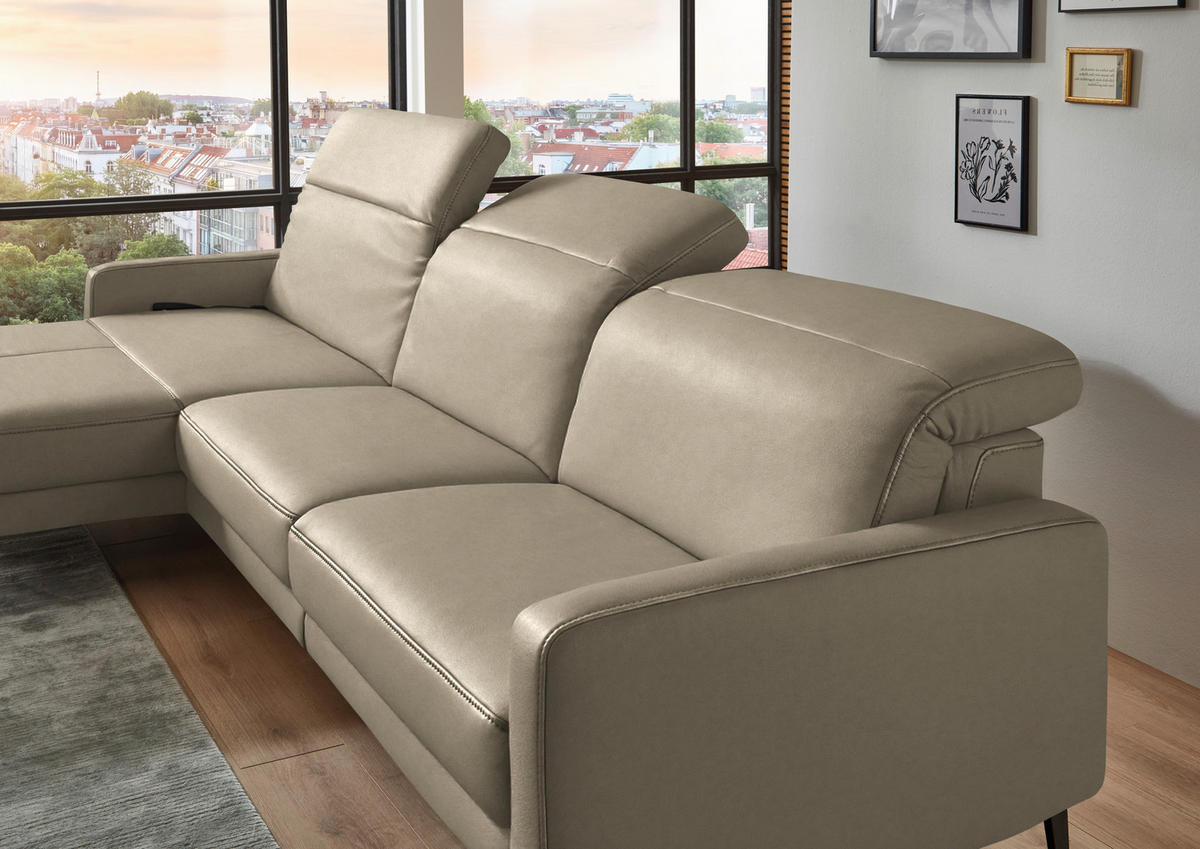 ECKSOFA 179/323 cm  in Echtleder Kaschmir Kopfteilverstellung  179/323 cm  - Kaschmir/Schwarz, Design, Leder/Metall (179/323cm) - Dieter Knoll