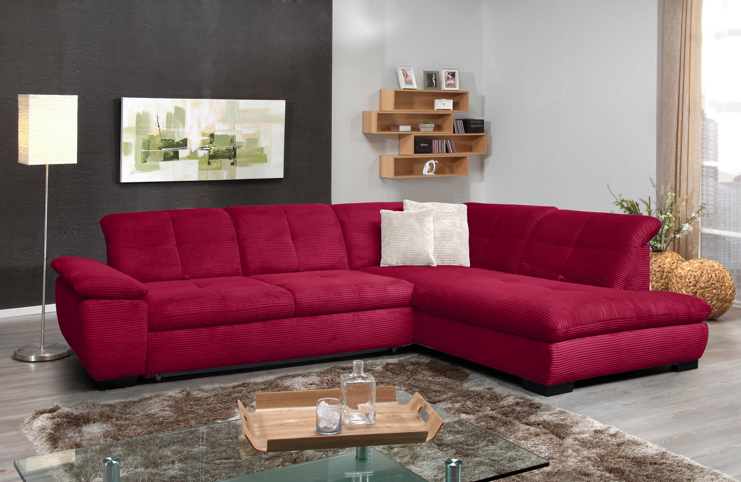 ECKSOFA in Cord Rot  - Rot/Schwarz, Design, Textil/Metall (313/242cm) - Xora