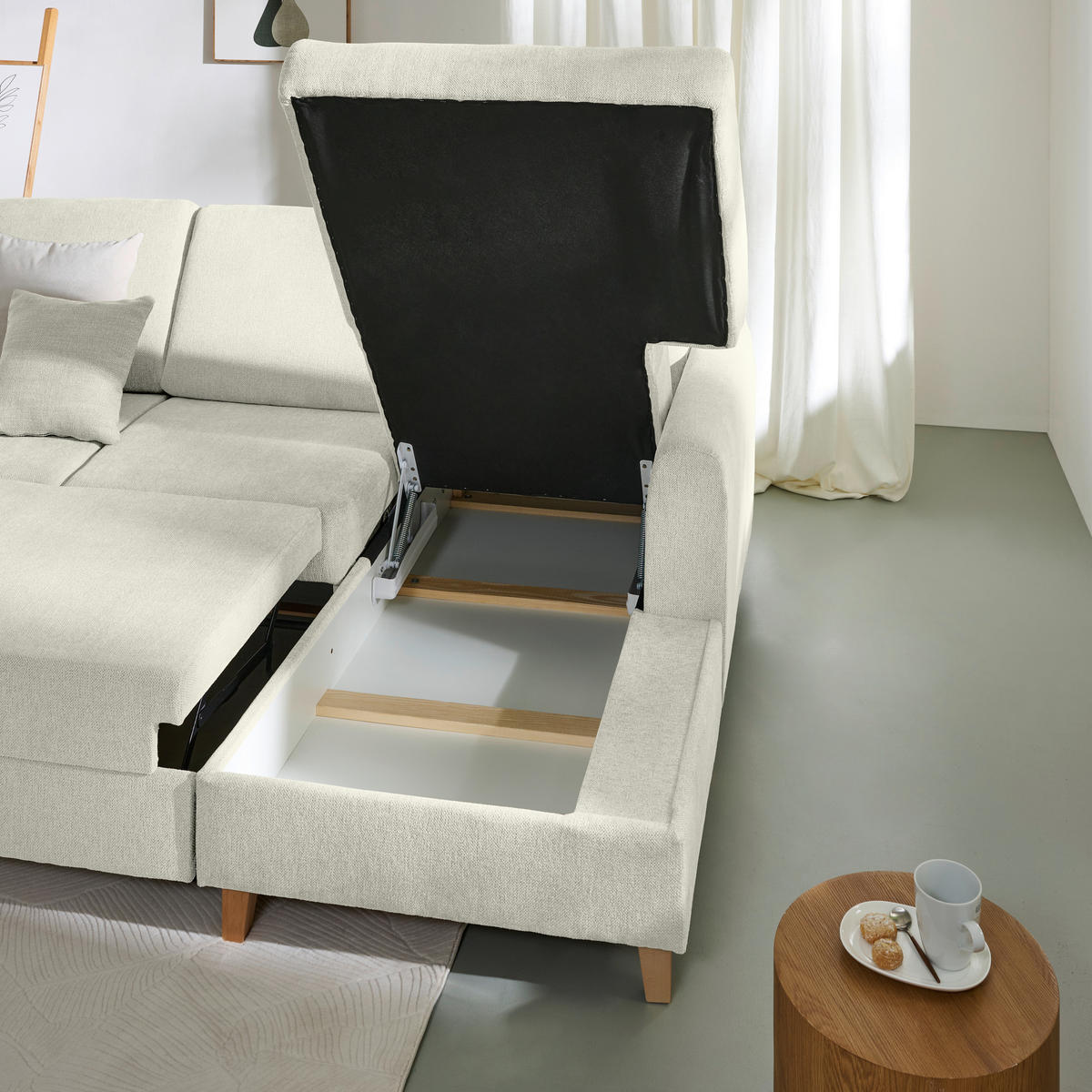 ECKSOFA Creme Flachgewebe  - Buchefarben/Creme, KONVENTIONELL, Holz/Textil (241/166cm) - Carryhome