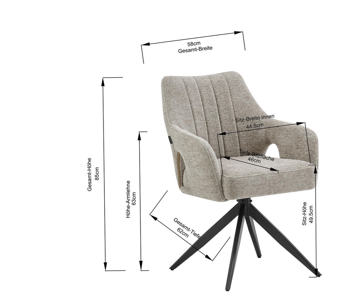 STOLICA S NASLONOM ZA RUKE  siva, crna  drvo, metal, tekstil      - siva/crna, Moderno, drvo/metal (57,5/85/62cm) - Livetastic
