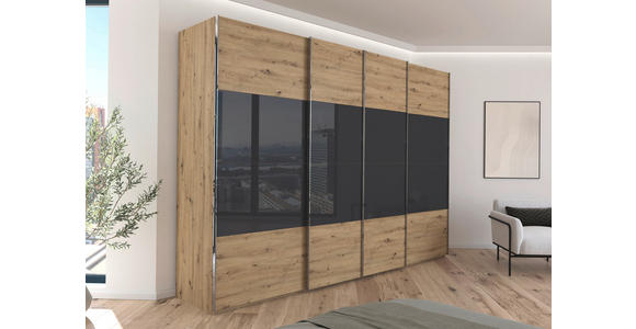 SCHWEBETÜRENSCHRANK  in Schwarz, Eiche Artisan  - Chromfarben/Schwarz, KONVENTIONELL, Glas/Holzwerkstoff (316/223/68cm) - Novel