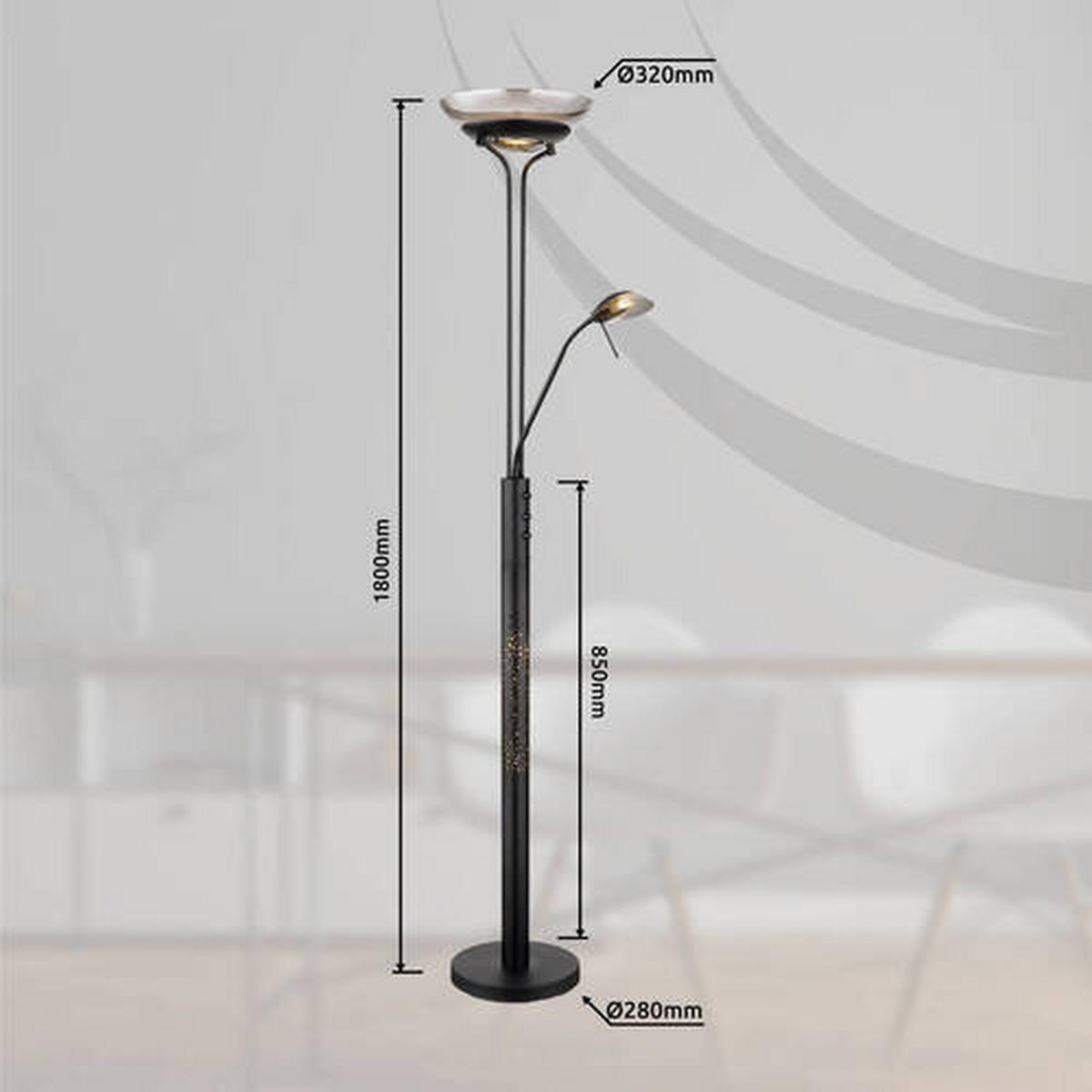 LED-STEHLEUCHTE - Schwarz, Design, Glas/Metall (40/180cm) - Globo