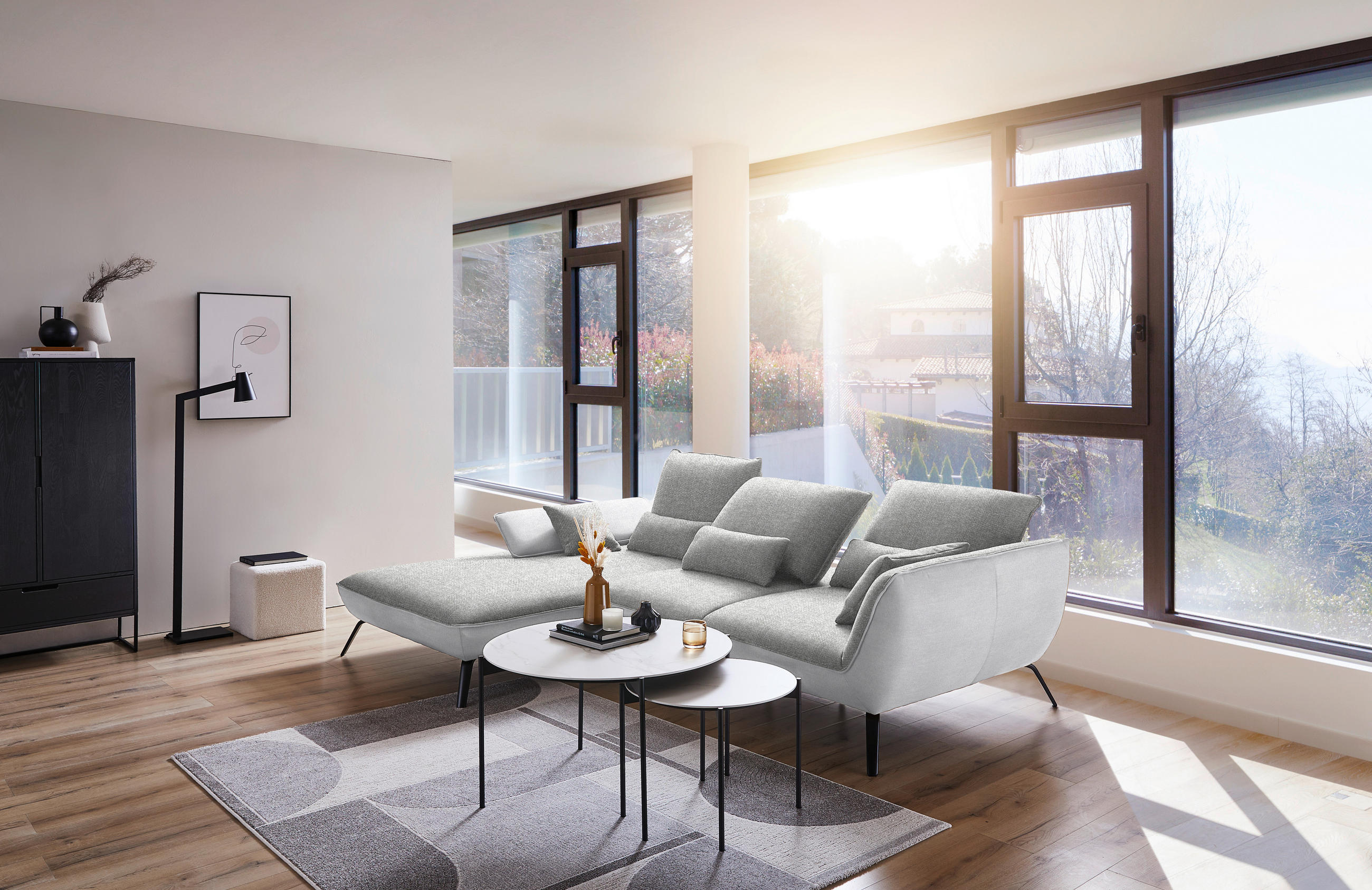 ECKSOFA in Flachgewebe Hellgrau - Hellgrau/Schwarz, Design, Textil/Metall (191/301cm) - Moderano